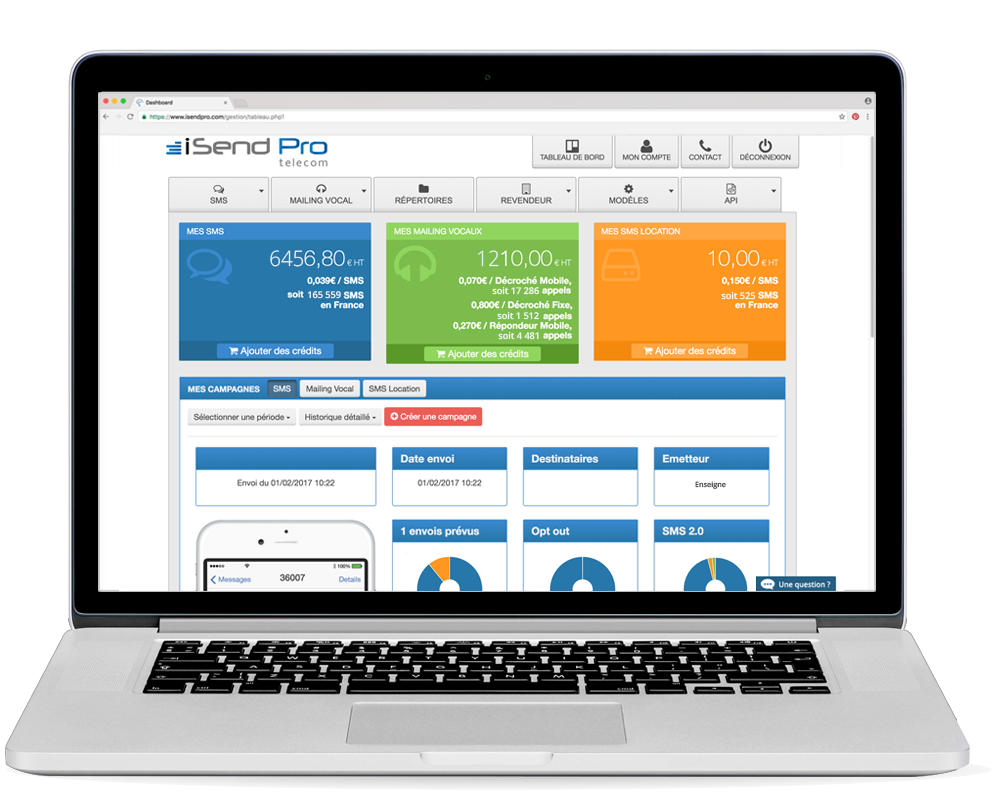iSendPro telecom fonctionnalité SMS : Un tableau de bord, pour manager vos crédits, vos statistiques et vos données de compte client
