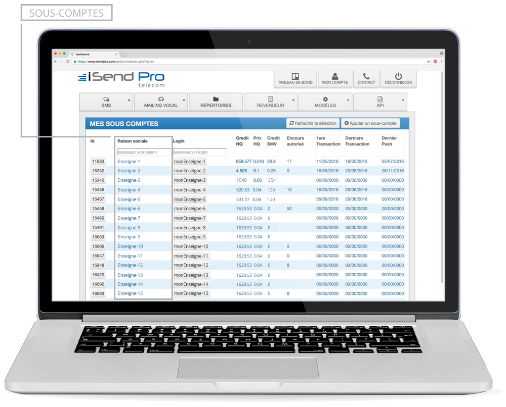 iSendPro telecom fonctionnalité spous-comptes : Définissez autant de sous-comptes que nécessaire, où chacun pourra gérer ces campagnes dans un espace cloisonné et confidentiel accessible uniquement à l’administrateur des comptes