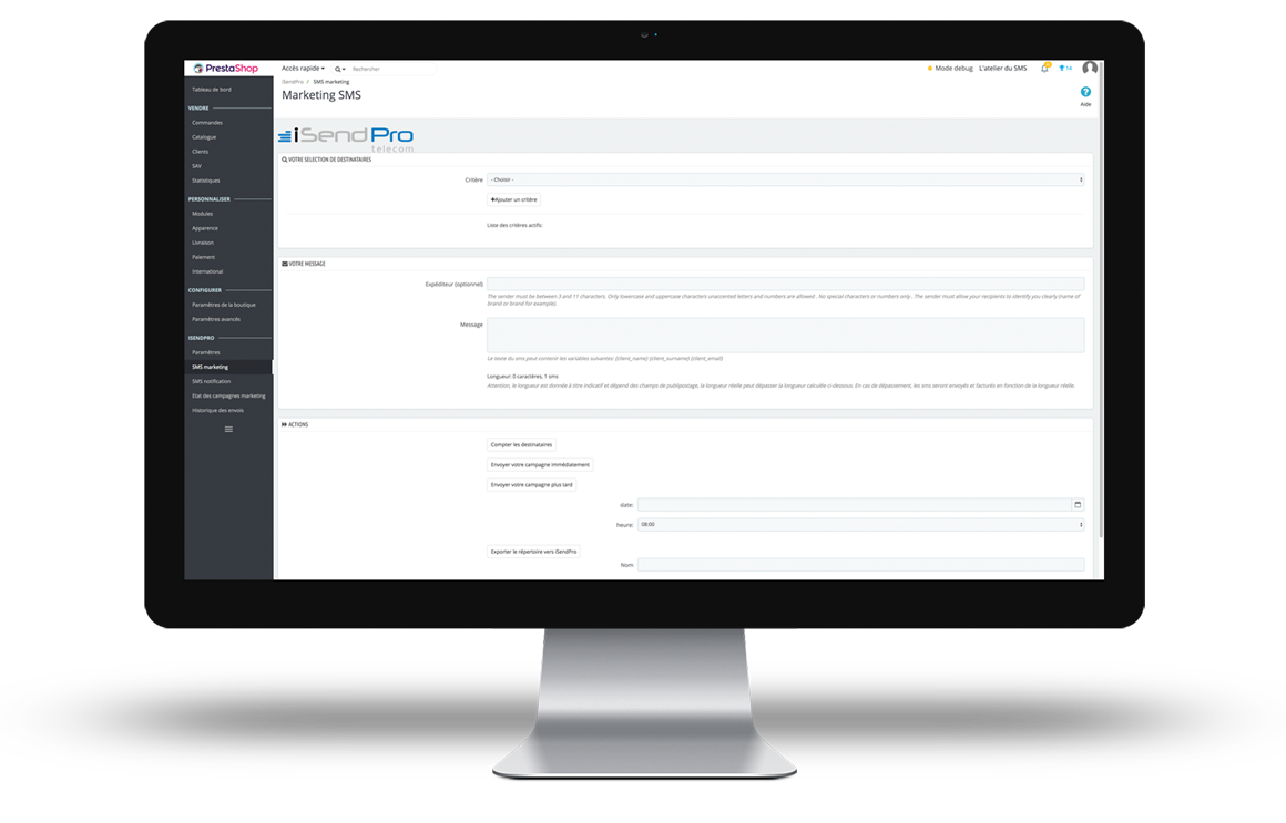 Interface du module SMS iSendPro intégré à PrestaShop partenaire pour vos campagnes SMS MArketing et notifications